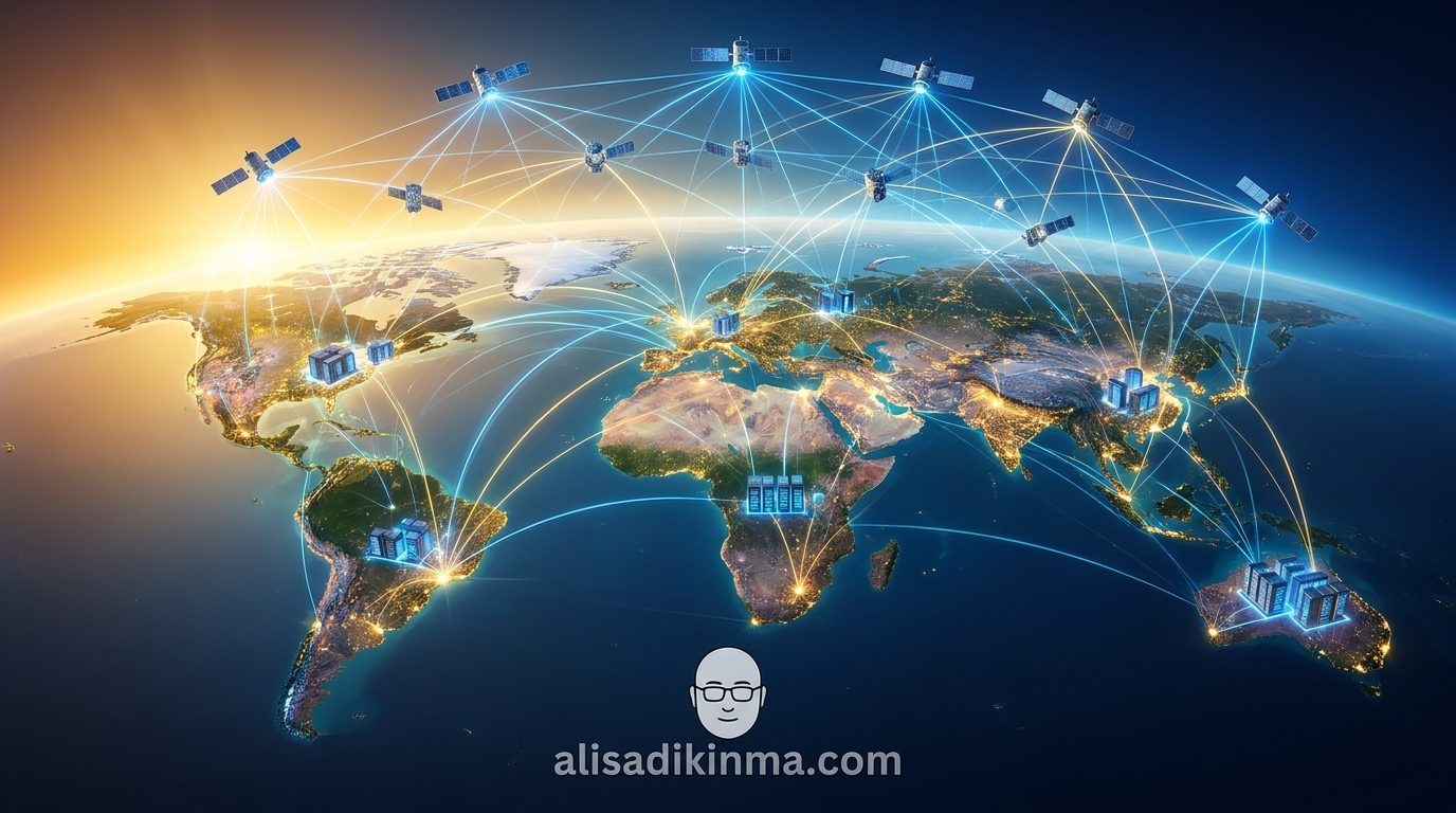 Infrastruktur AI masa depan — jaringan komputasi orbital SpaceX terhubung ke data center di seluruh dunia