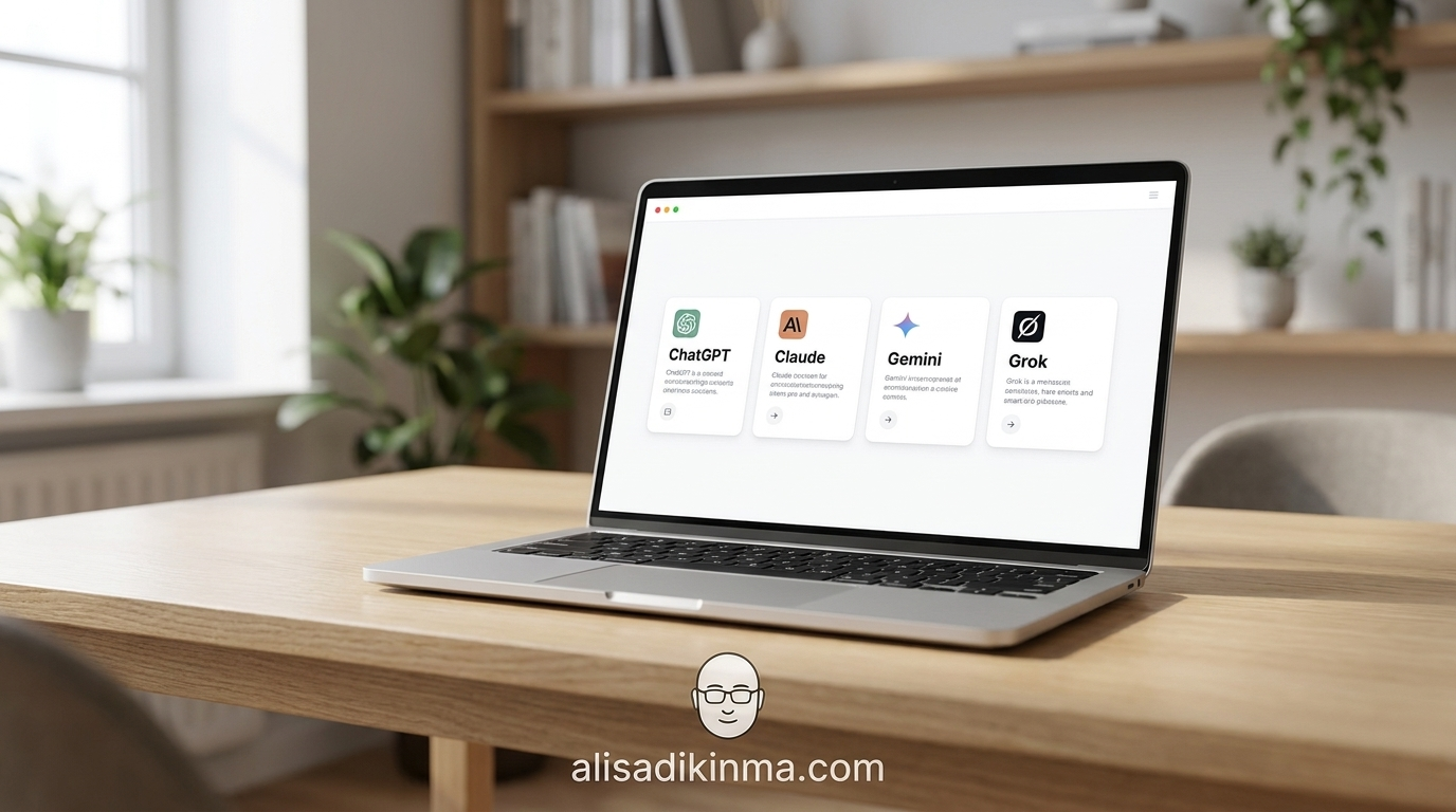 Unified dashboard UI showing four AI model tiles displayed side-by-side on a single laptop screen in a professional workspace