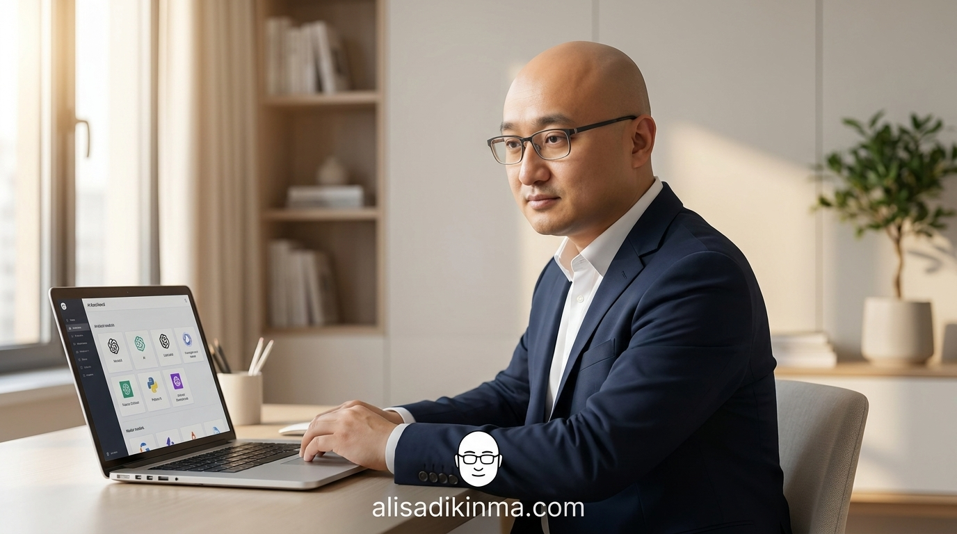 Confident professional at a minimal modern desk with a single laptop open showing a unified AI dashboard — the organized 'after' state of a streamlined AI workflow