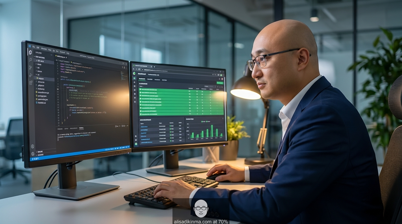 Developer at dual-monitor setup — one screen AI agent writing code, one screen showing automated test results — symbolizing the 8x merge rate shift