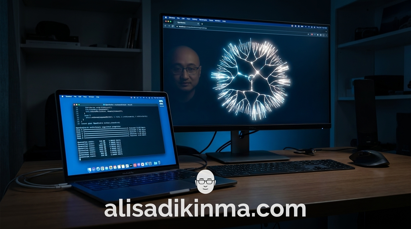 OpenEvolve evolutionary loop running in terminal — genealogy tree visualization on screen behind it — representing the open-source self-improvement tools anyone can run today