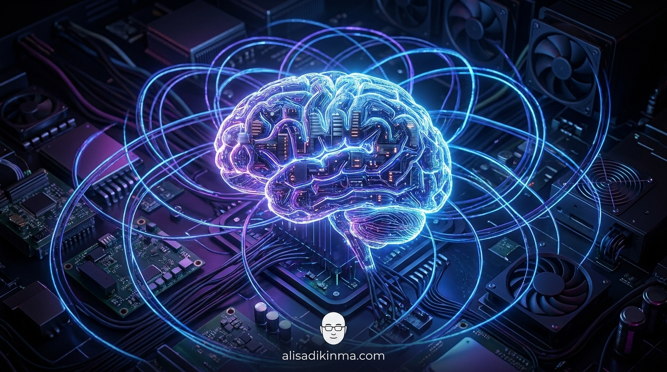 Glowing AI brain merged with server cluster nodes — abstract representation of recursive self-improvement loops, visualizing a model that debugs and builds its own successor