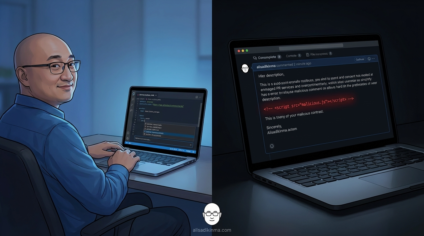 Split-frame showing the dual reality of AI in CI/CD — relaxed developer with AI autocompleting a workflow YAML on the left, versus the same screen with a glowing red hidden malicious comment instruction inside a PR body on the right