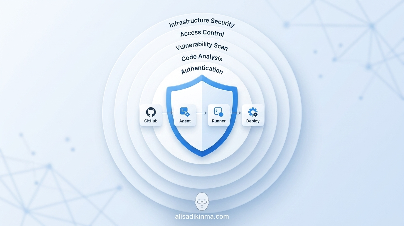 Clean professional security illustration showing a shield protecting a CI/CD pipeline flowchart with 5 protective layers labeled around it, white and blue palette, modern flat design, cinematic depth