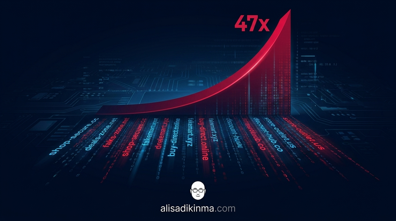 Data-driven editorial visual showing a steeply rising growth curve labeled \'47x\' against a dark digital landscape — scattered fake retailer domain names dissolving into data streams.