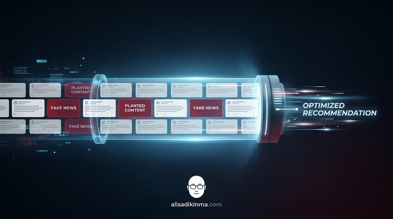 Conceptual visualization of social media forum posts flowing through a data pipeline into an AI model — some posts highlighted in red as \'planted\' content, the AI output showing a clean-looking recommendation.