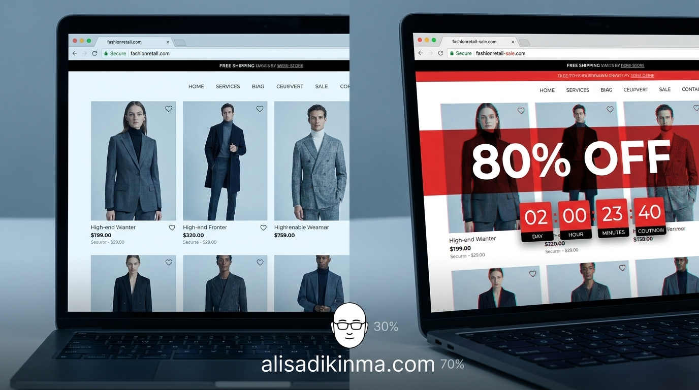 Side-by-side comparison of a legitimate retail website and an AI-generated near-identical clone — the clone has a subtly misspelled URL in the address bar, an oversized \'80% OFF\' banner, and a countdown timer.