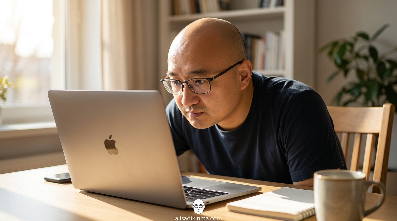 Person at a laptop in a well-lit home setting, leaning forward to closely inspect the browser address bar — thoughtful investigative expression, not fearful. Conveys practical awareness-building.