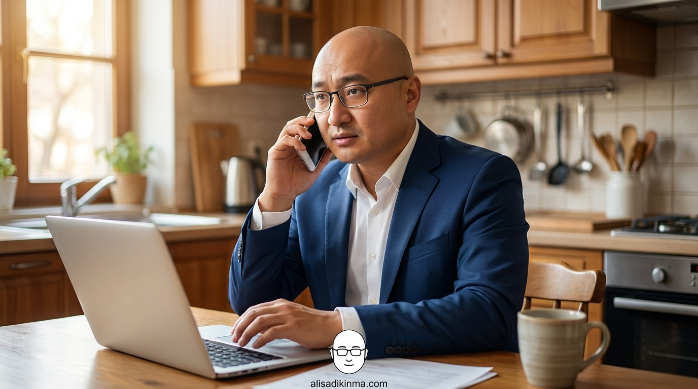 Person sitting at a kitchen table on their smartphone, looking concerned but focused — calling their bank or taking recovery action. Warm empathetic lighting conveys \'you can handle this\' rather than panic.