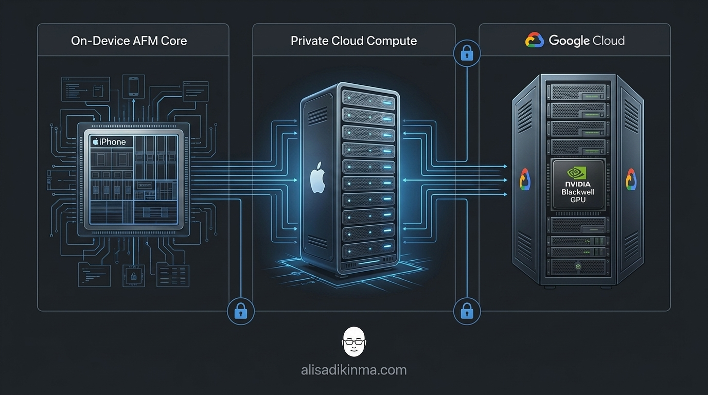 Three-tier Siri AI query routing architecture — on-device, Private Cloud Compute, Google Cloud with encryption locks