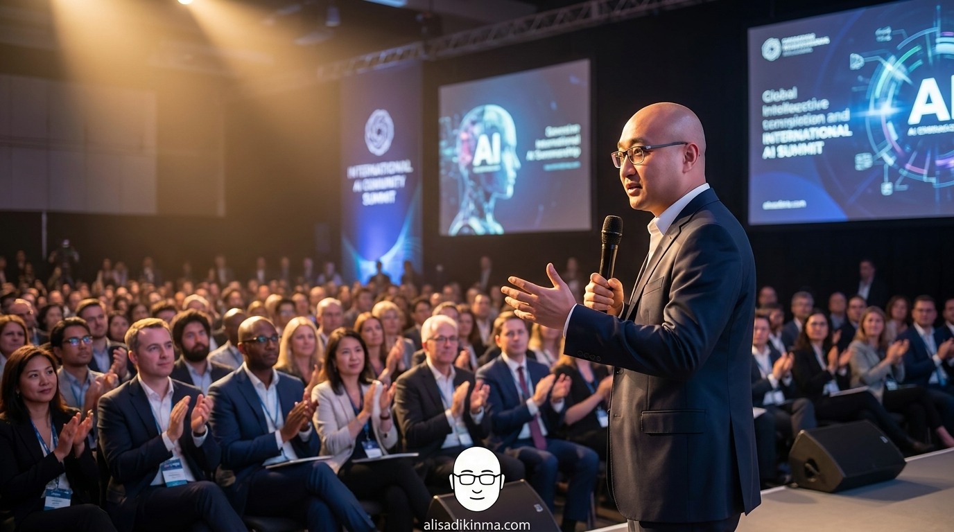 Sam Altman speaking at a major international AI summit stage, wide shot capturing the stage and diverse global audience, conveying mission and global reach