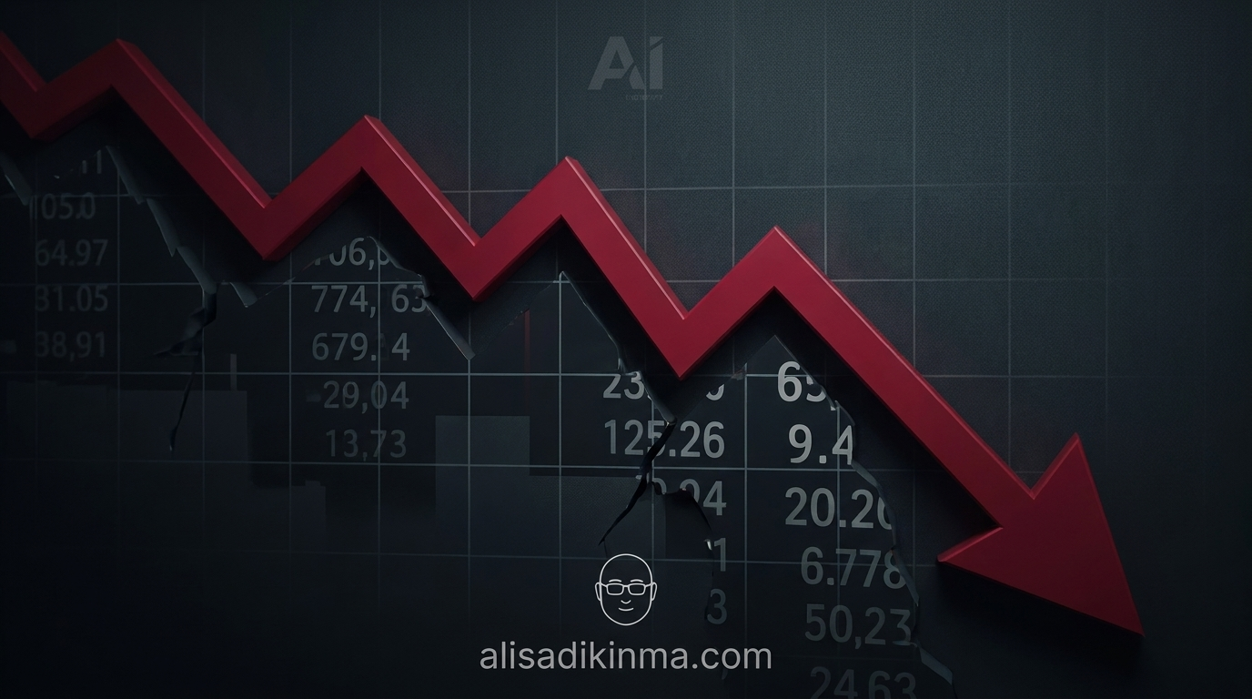 Dark cinematic financial graph trending sharply downward against charcoal background with subtle AI company watermark, communicating gap between narrative and financial reality