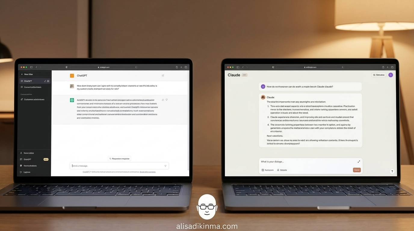 Split screen showing ChatGPT and Anthropic Claude interfaces on laptops in modern office, suggesting competitive parity between the two AI platforms