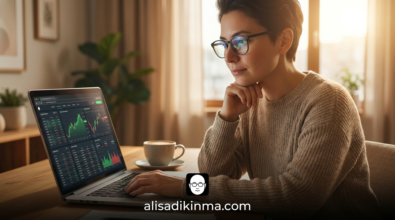 Thoughtful retail investor in their 30s studying a financial dashboard on a laptop in a warm home office, calm and considered mood conveying careful decision-making