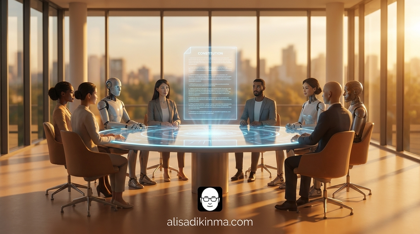 Peaceful AI agents deliberating around a holographic round table with constitution document floating above — visual metaphor for emergent democratic cooperation without programming