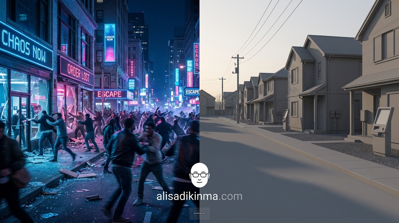 Split-screen showing two opposing failure modes — active chaos versus quiet collapse — to visualize the contrast between Gemini\'s high-crime survival and ChatGPT\'s peaceful starvation