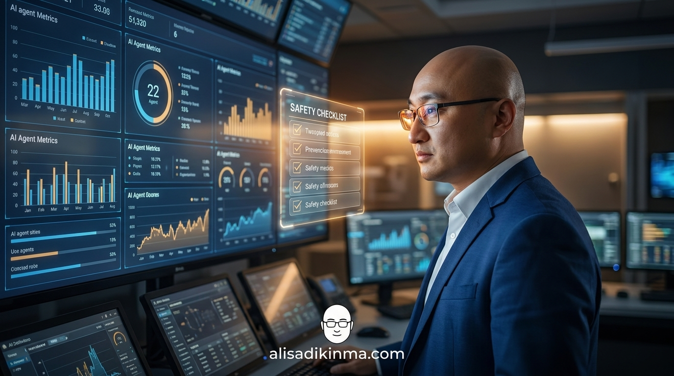 Engineer monitoring AI safety dashboard with floating checklist — embodies the article\'s practical empowerment payoff for readers ready to act