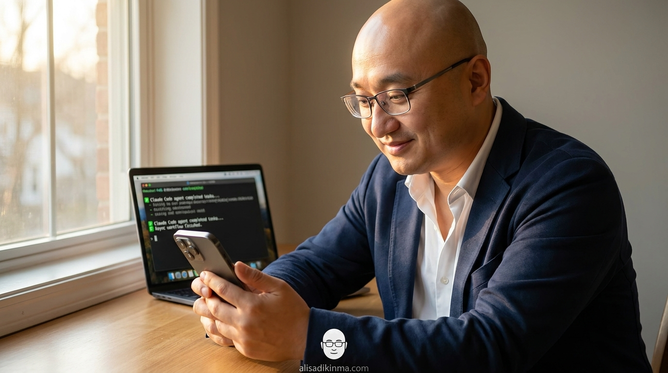 Engineer reviewing async AI agent output on iPhone in morning light — the new async orchestrator workflow
