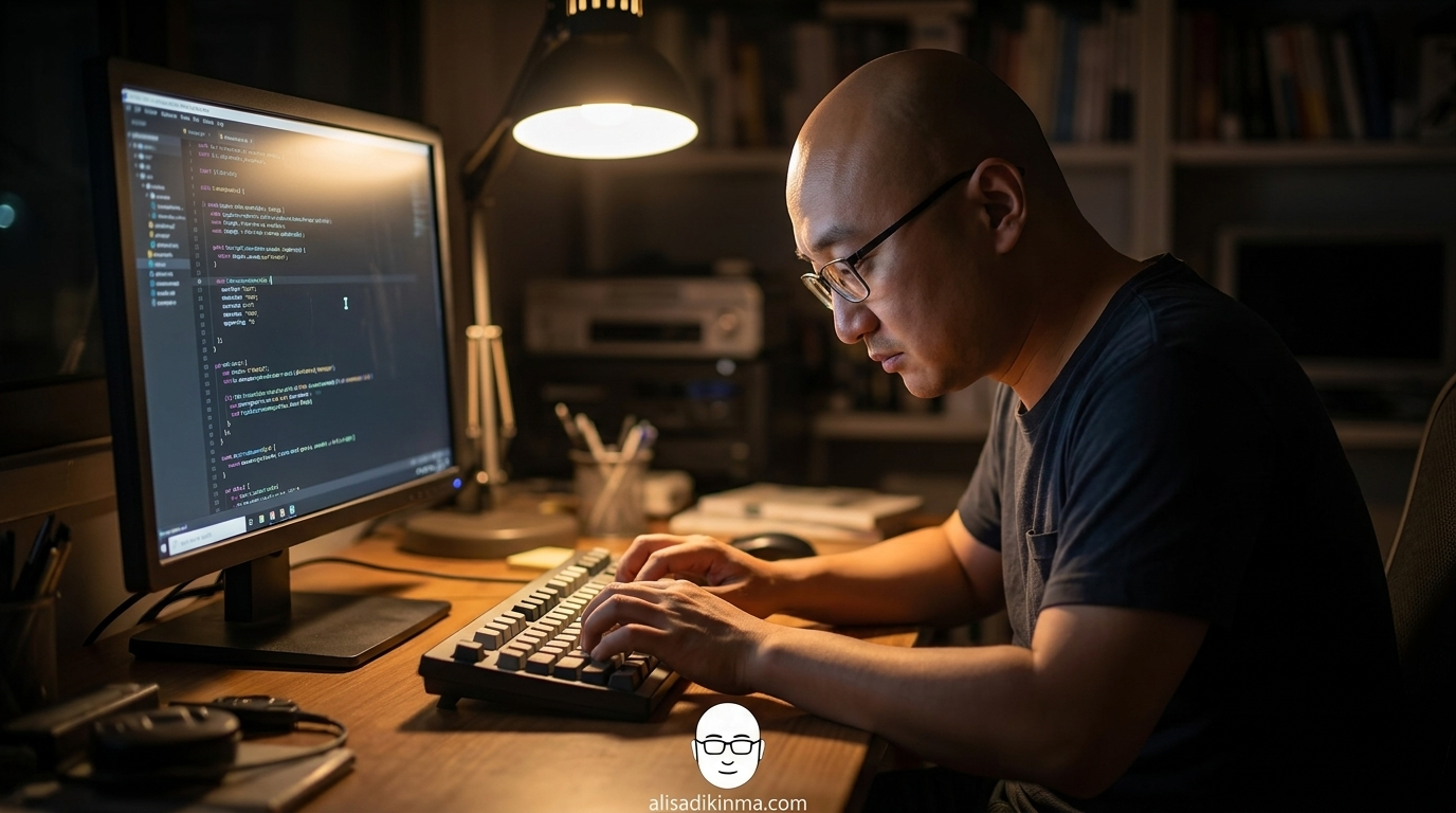 Developer in traditional solo coding posture — the old way that defined a generation of engineers