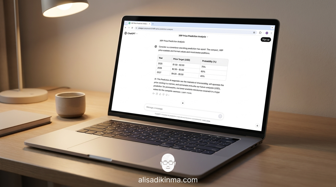 ChatGPT interface on a laptop screen showing a structured crypto analysis conversation — clean white chat UI with XRP price data visible, modern desk setup with soft ambient lighting