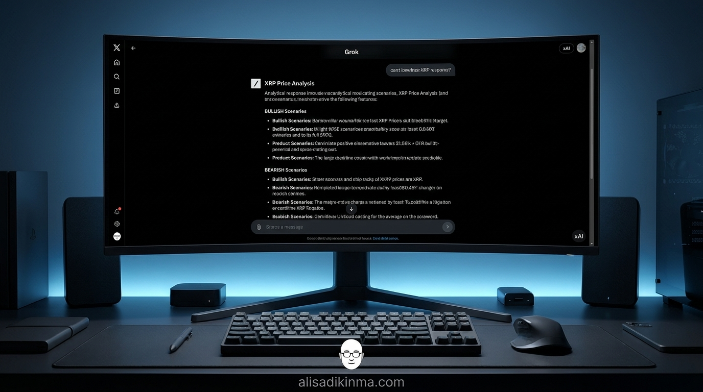 Grok AI interface on a dark-themed monitor — sleek dark UI with xAI branding visible, showing a structured analytical response about XRP price catalysts, modern tech workspace