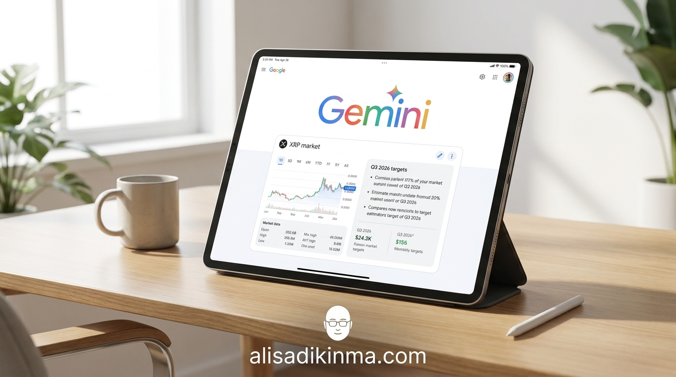 Google Gemini interface on a tablet in a bright modern office — colorful Gemini multicolor logo visible, showing structured market analysis response about XRP, natural daylight