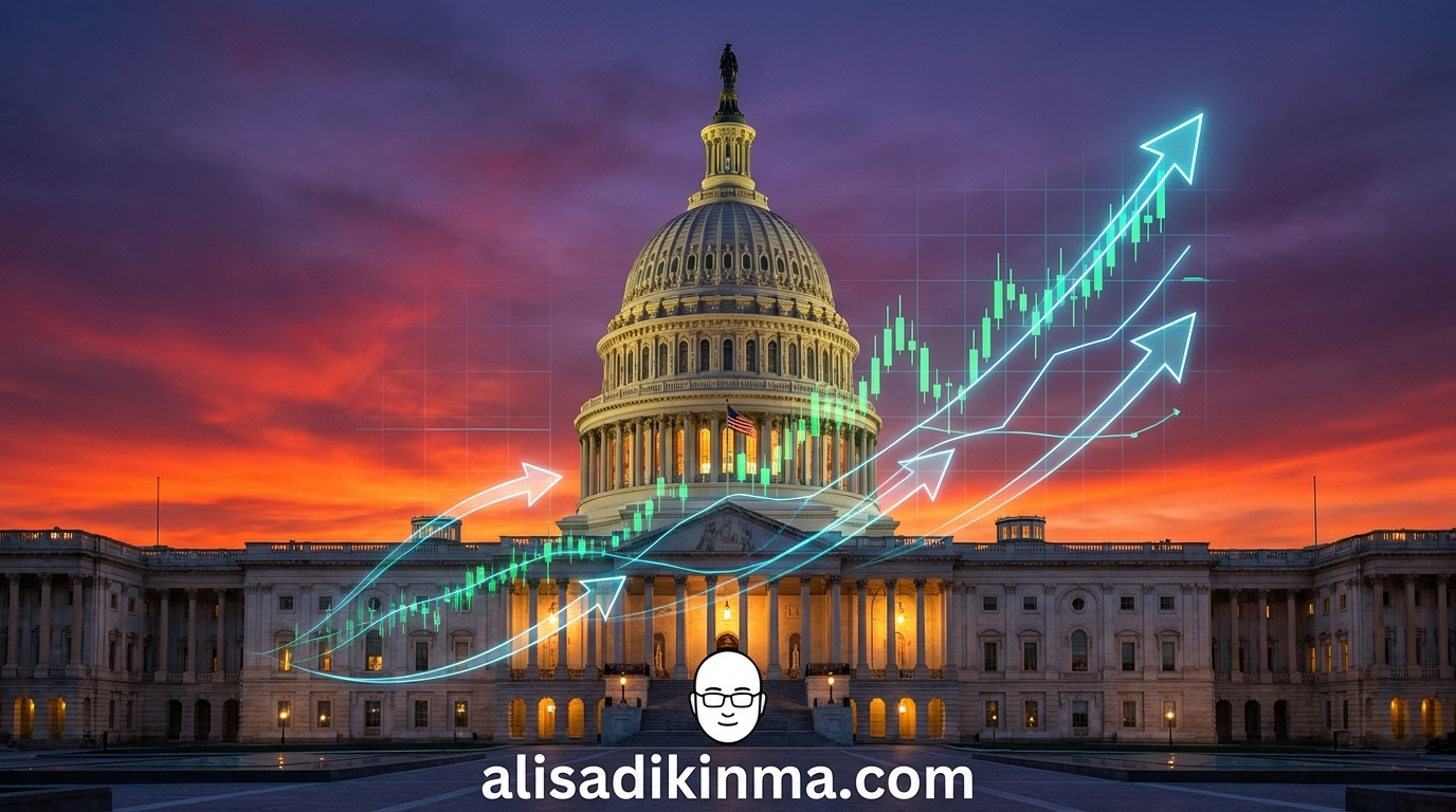 U.S. Capitol building exterior at dusk with a digital data overlay — XRP price chart and institutional flow arrows rendered as holographic elements over the Capitol facade, Ripple teal-blue accent color as subtle branding element