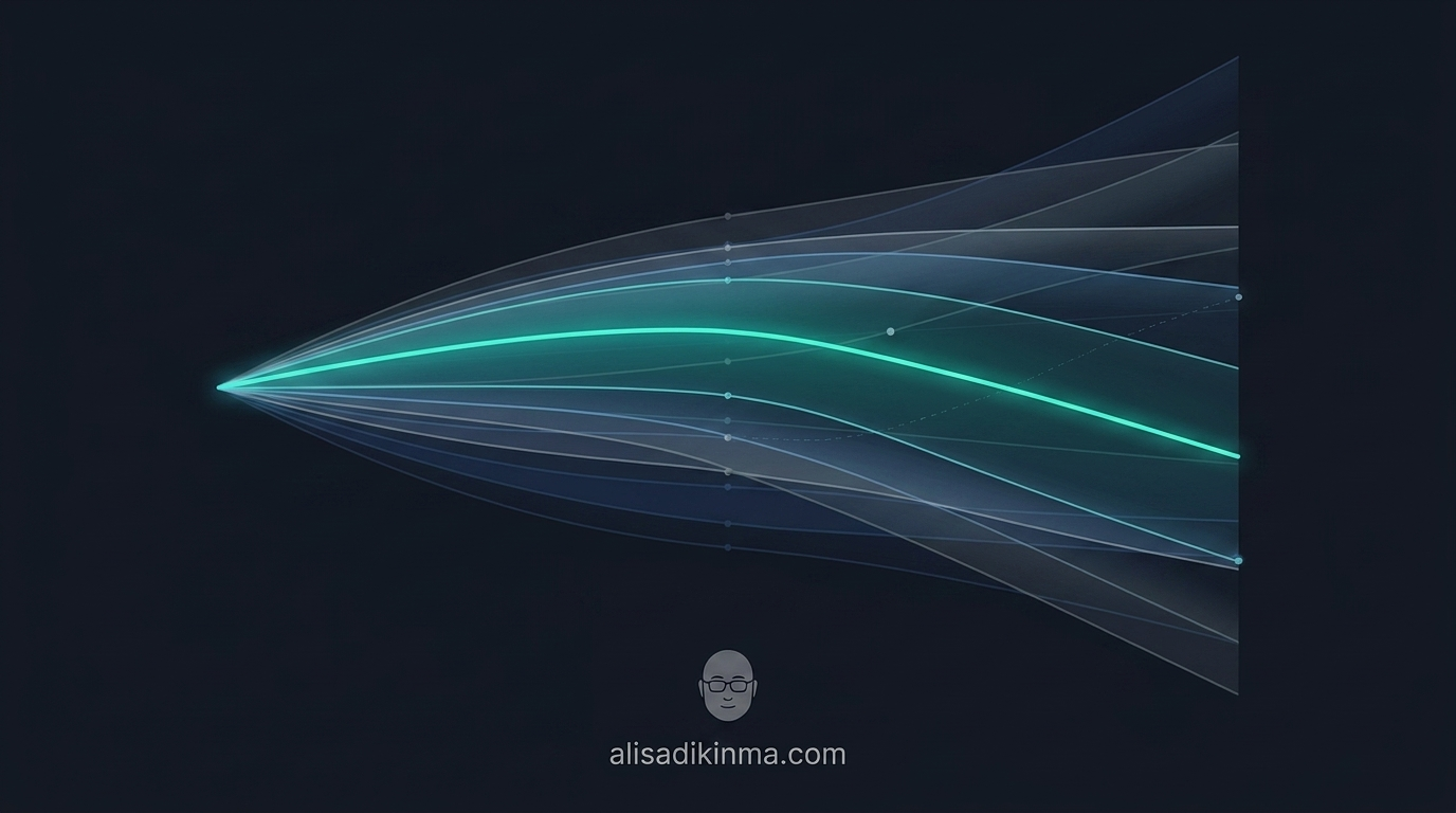 Abstract probability cone chart showing XRP price scenarios branching outward over 30 days — central most-likely path in bright teal against dark analytical dashboard background, no brand logos, clean data-journalism aesthetic