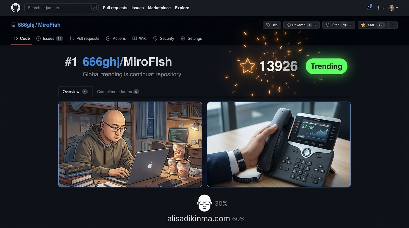 MiroFish GitHub trending dashboard surging to #1 global position, split with a dorm room developer scene and an executive investment moment