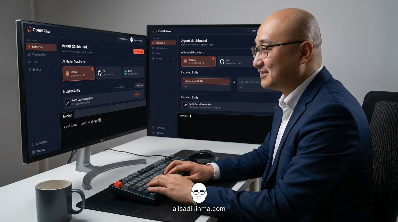 OpenClaw dashboard interface showing Claude Sonnet connected and Postiz social media skill installed