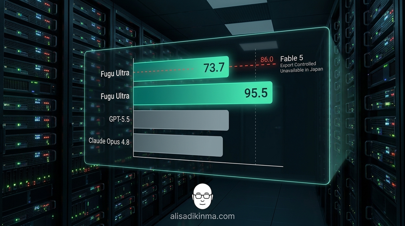 Benchmark scoreboard showing Fugu Ultra winning against GPT-5.5 and Claude, with Fable 5 marked export-controlled and unavailable