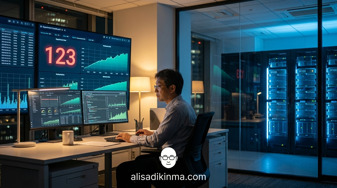 Japanese researcher monitoring autonomous AI research — 123-experiment counter, H100 GPU cluster glowing blue, AutoResearch performance curves