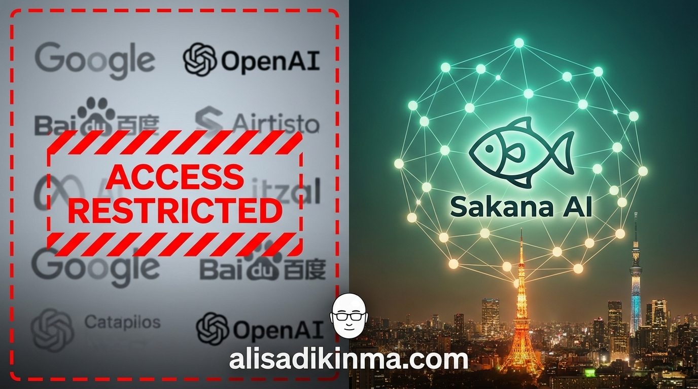 Japan AI sovereignty split-frame — left: greyed-out export-controlled logos with restriction overlay, right: vibrant Japan homegrown AI ecosystem in teal