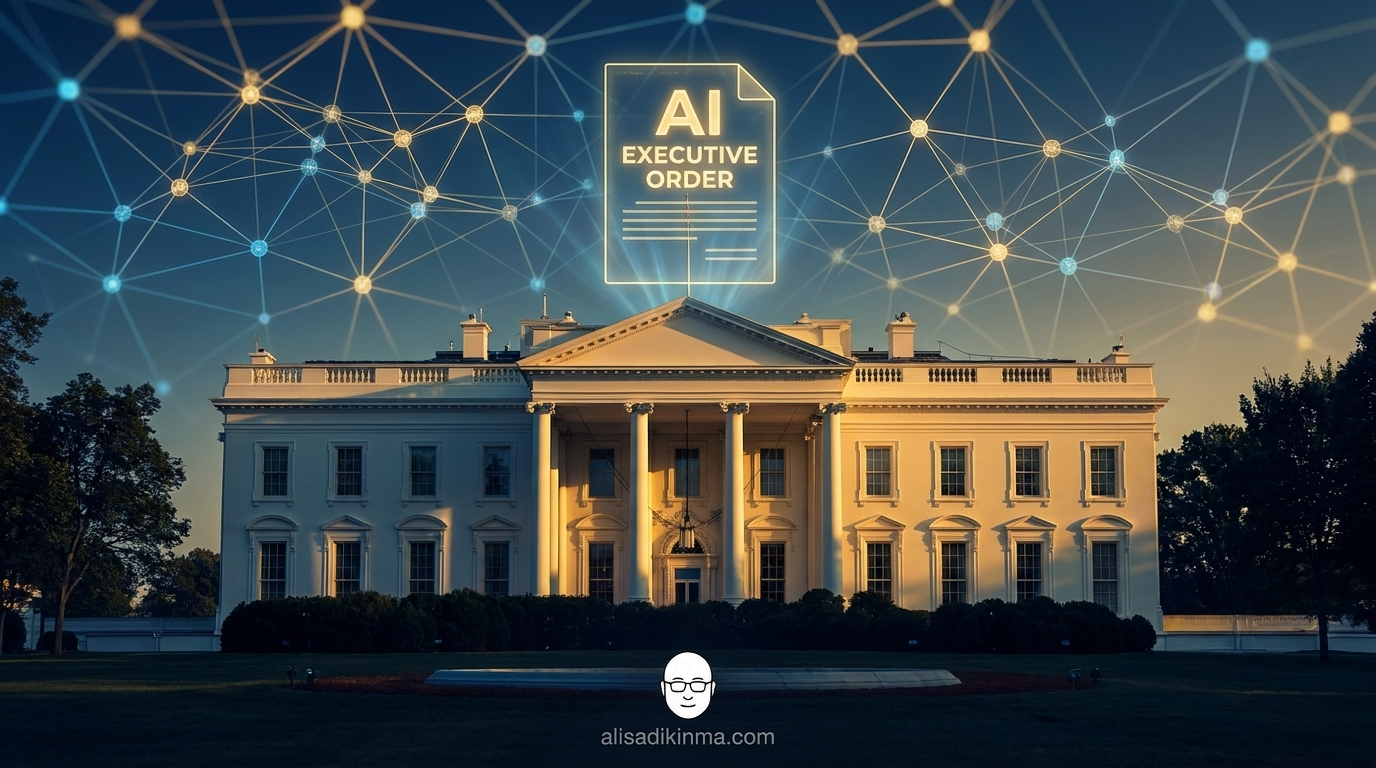 White House at golden hour with semi-transparent neural network grid overlaid across the sky, and a glowing holographic document labeled AI EXECUTIVE ORDER