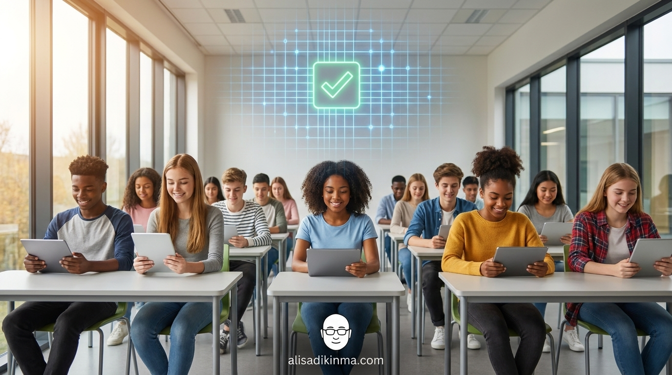 Bright diverse modern classroom with students on tablets, a subtle blue AI grid floating above their heads with a green APPROVED checkmark glowing at center