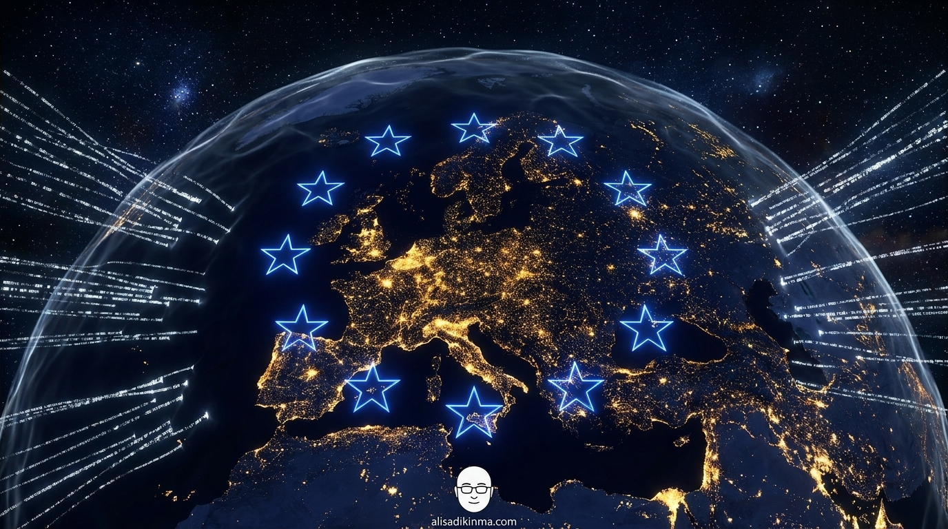 Aerial view of Europe at night from space with city lights and EU-flag blue stars forming a ring, with digital data streams blocked by a shield at the continent border