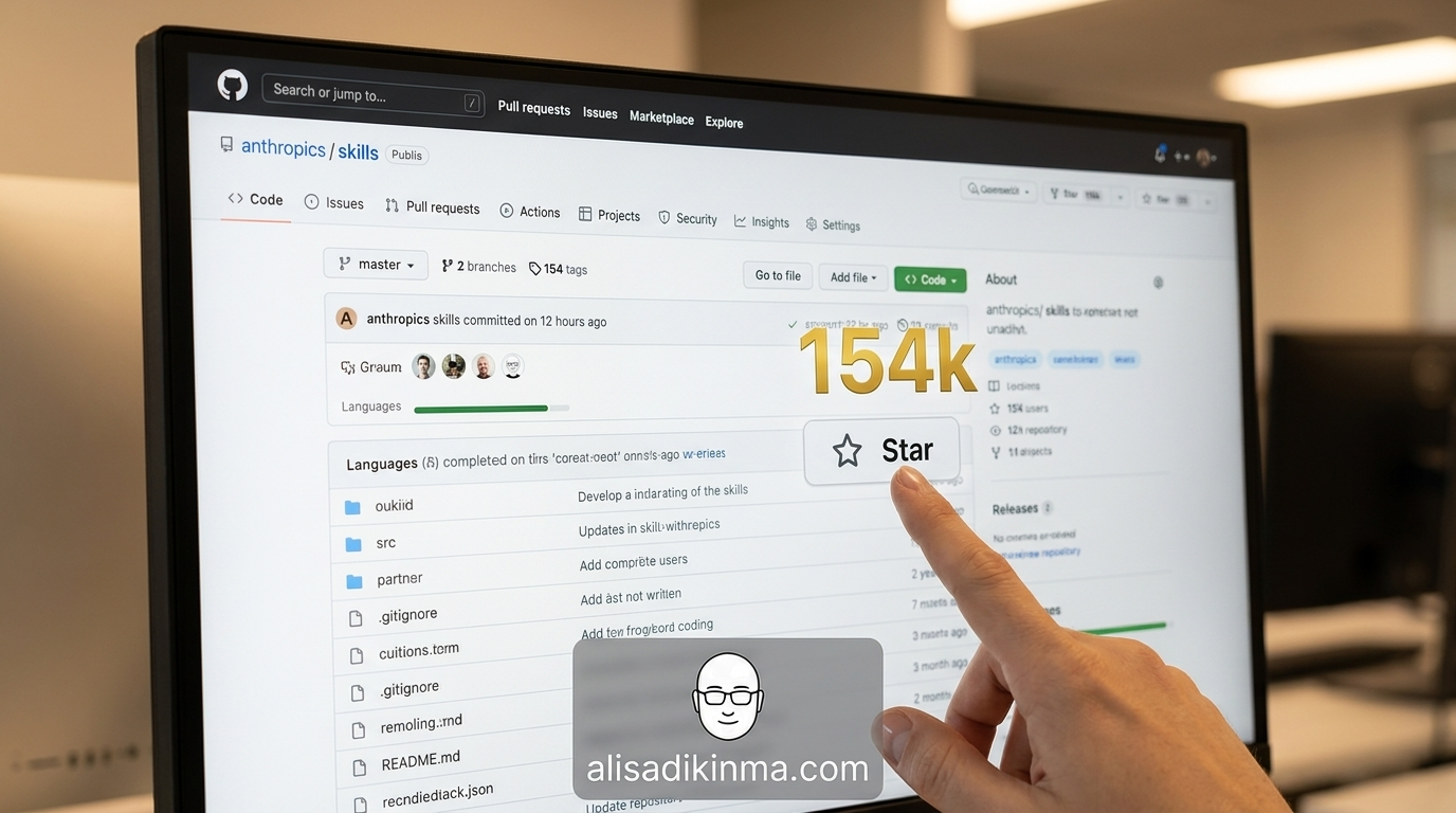 anthropics/skills GitHub repository page showing 154K stars — official Claude Code skill collection, star count prominent