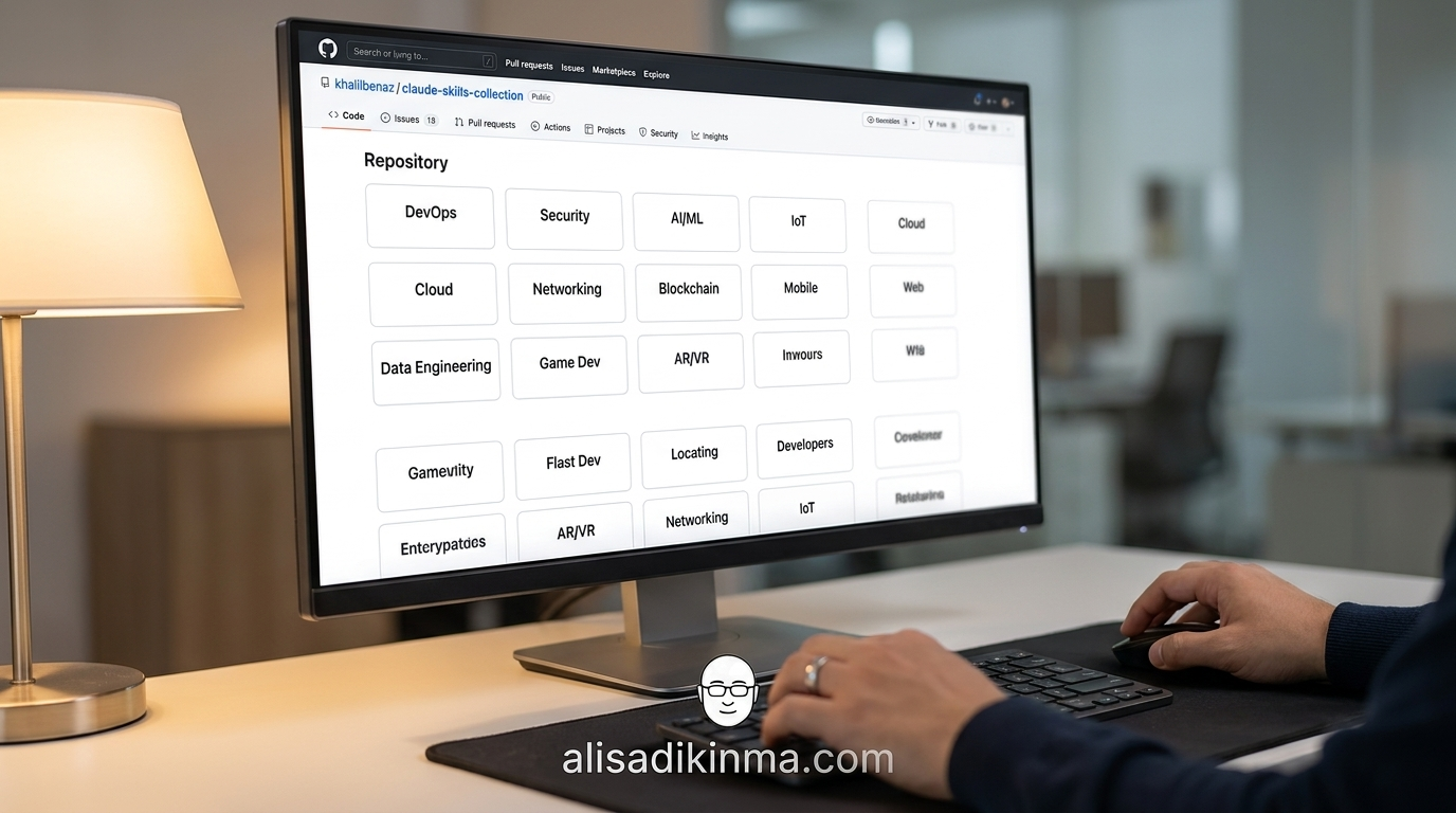 khalilbenaz/claude-skills-collection GitHub repository showing 32 domain category cards — DevOps, security, IoT, AI/ML labels visible on screen