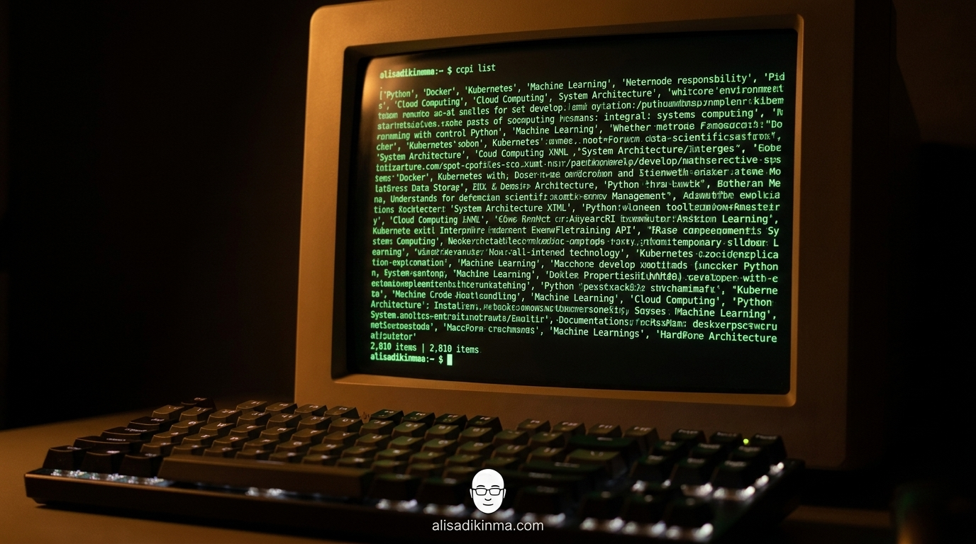 Developer terminal running ccpi install command, outputting a long paginated list of available skills — cinematic amber terminal glow