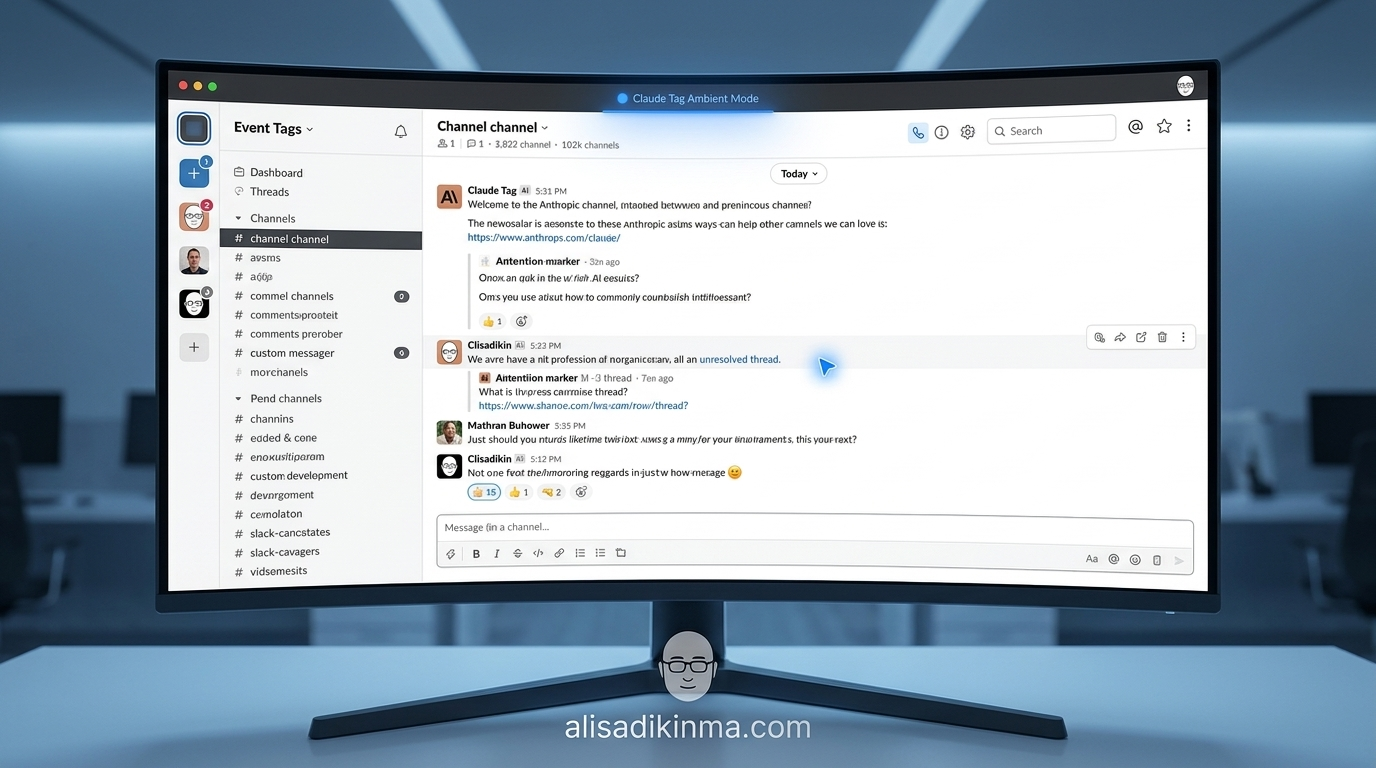 Claude Tag ambient mode active — AI proactively highlighting an unresolved Slack thread without explicit @mention, subtle AI glow indicator