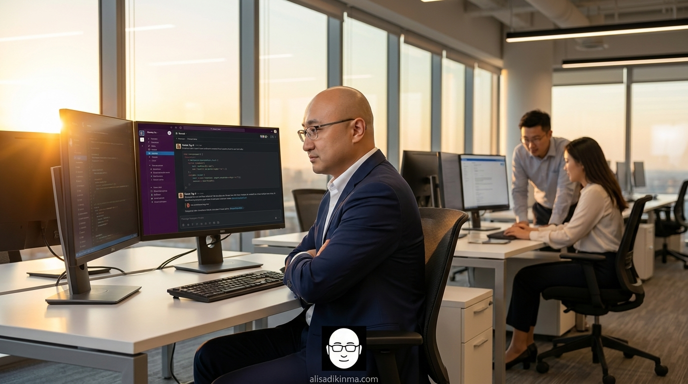 Engineering team async collaboration with Claude Tag — developer reviewing AI-generated code in Slack thread, teammates in background