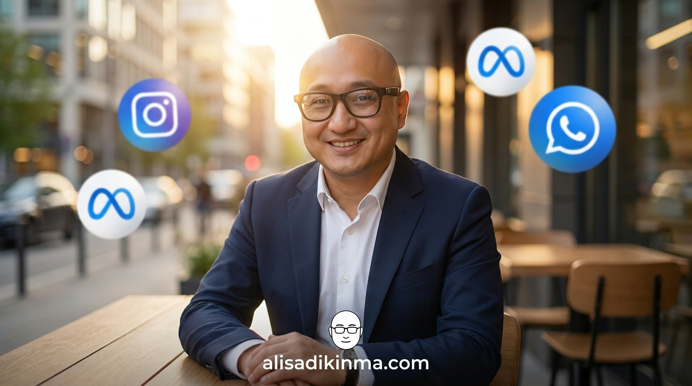 Meta aspirational consumer brand ecosystem — Ray-Ban smart glasses, Instagram, WhatsApp — warm and optimistic, about to be subverted