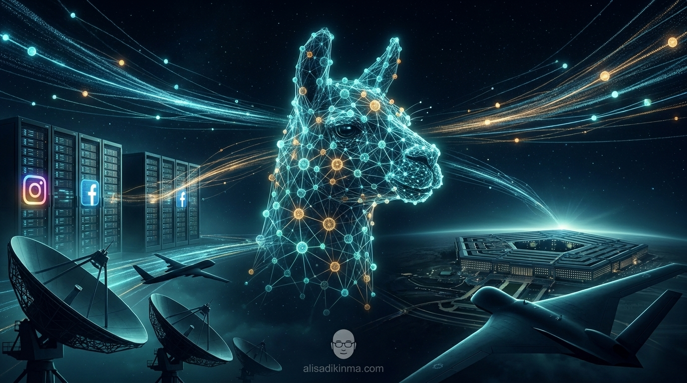 Abstract cinematic visualization of Llama AI neural network connecting social media infrastructure to Pentagon and military systems