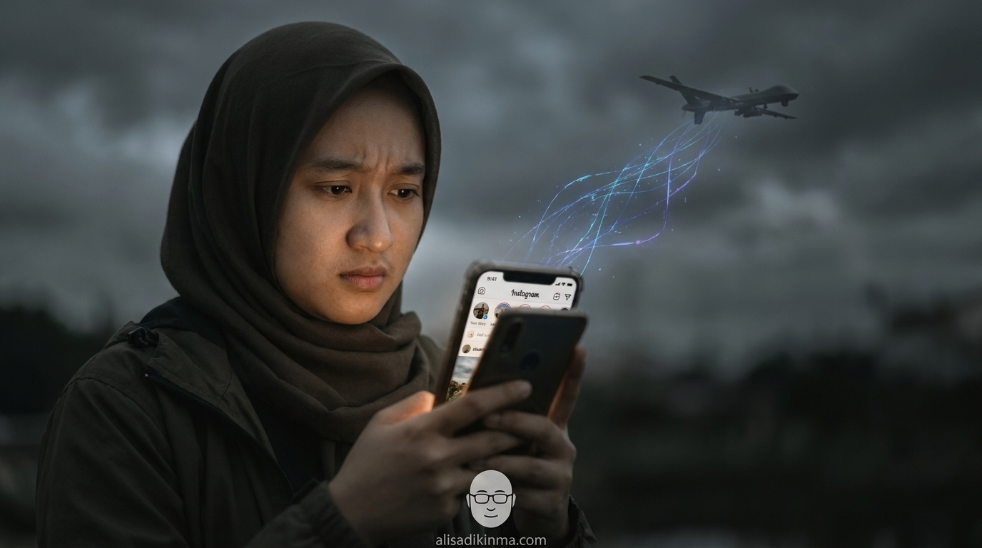 Ordinary user holding Instagram on their phone, unaware that digital threads from their screen flow outward toward military drones — the invisible consequence of everyday scrolling