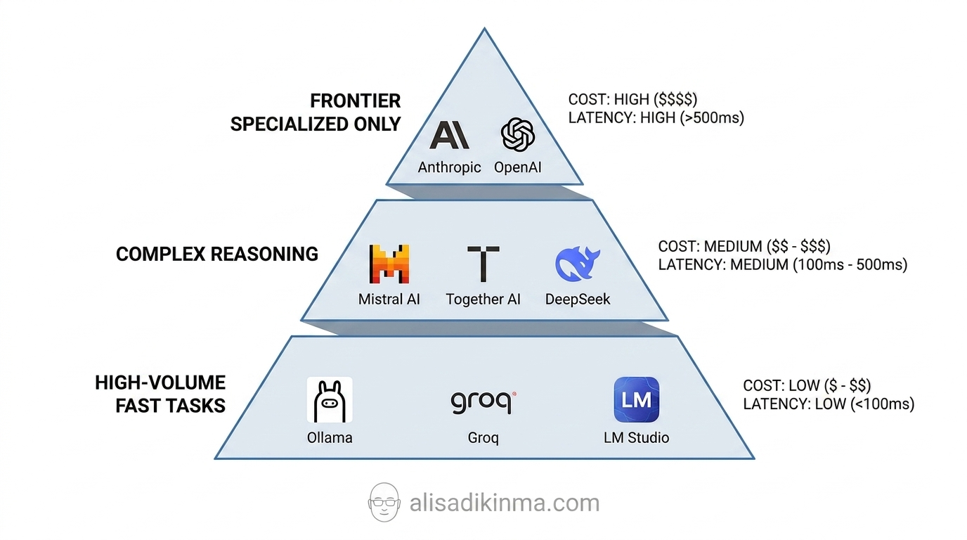 Three-tier pyramid diagram for AI model routing — from lightweight high-volume models to specialized frontier at the top