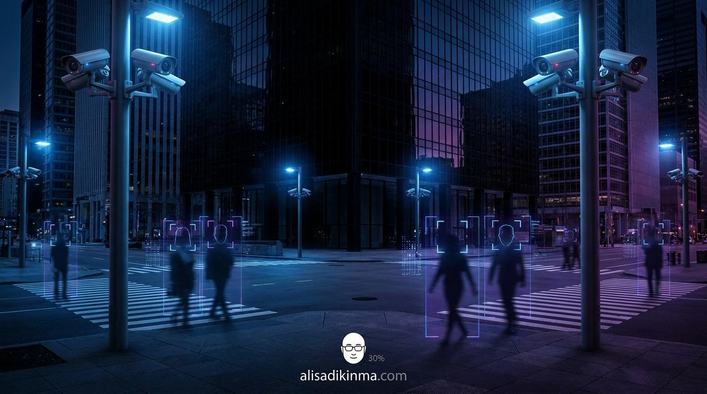 Urban intersection at night with AI facial recognition grid overlaid on blurred pedestrian silhouettes — surveillance architecture visualized as global export
