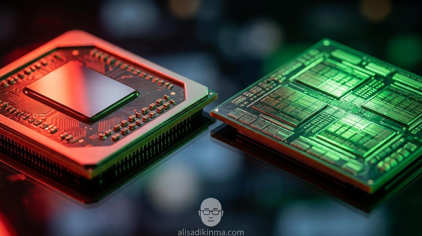 Two semiconductor chips side by side — Huawei Ascend under warm red light vs Nvidia Blackwell under cool green light — infrastructure rivalry made physical