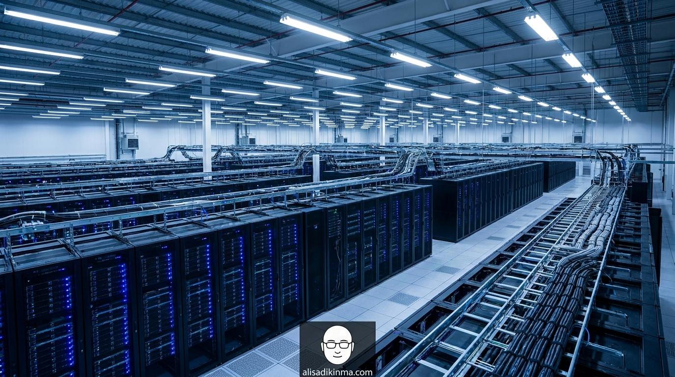 Modern enterprise data center representing self-hosted AI inference infrastructure — scale, technical credibility, and infrastructure sovereignty