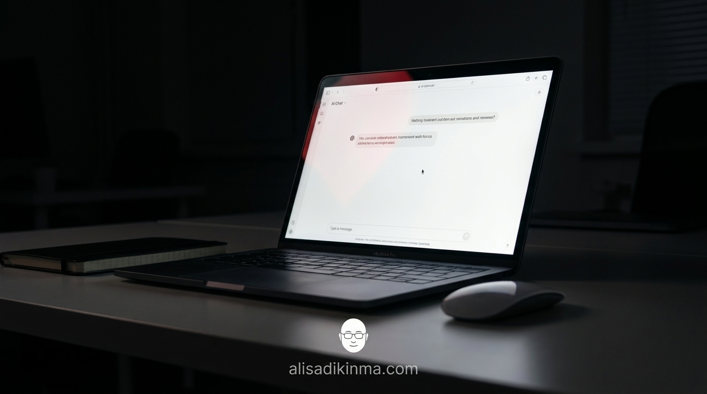 DeepSeek minimalist chat interface on laptop with subtle red warning layer visible in screen reflection — familiar tool, hidden layer
